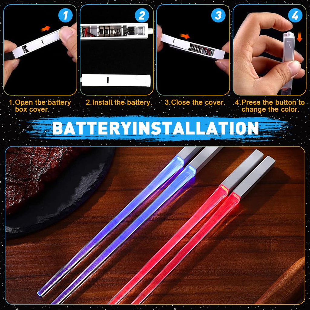 2 Paar Leuchtende Essstäbchen Lichtschwert Essstäbchen Lightsaber Chopsticks mit 9 Farbmodi BPA Frei Waschbare Wiederverwendbar Lebensmittelecht für Dinnerparty Sushi Besteck