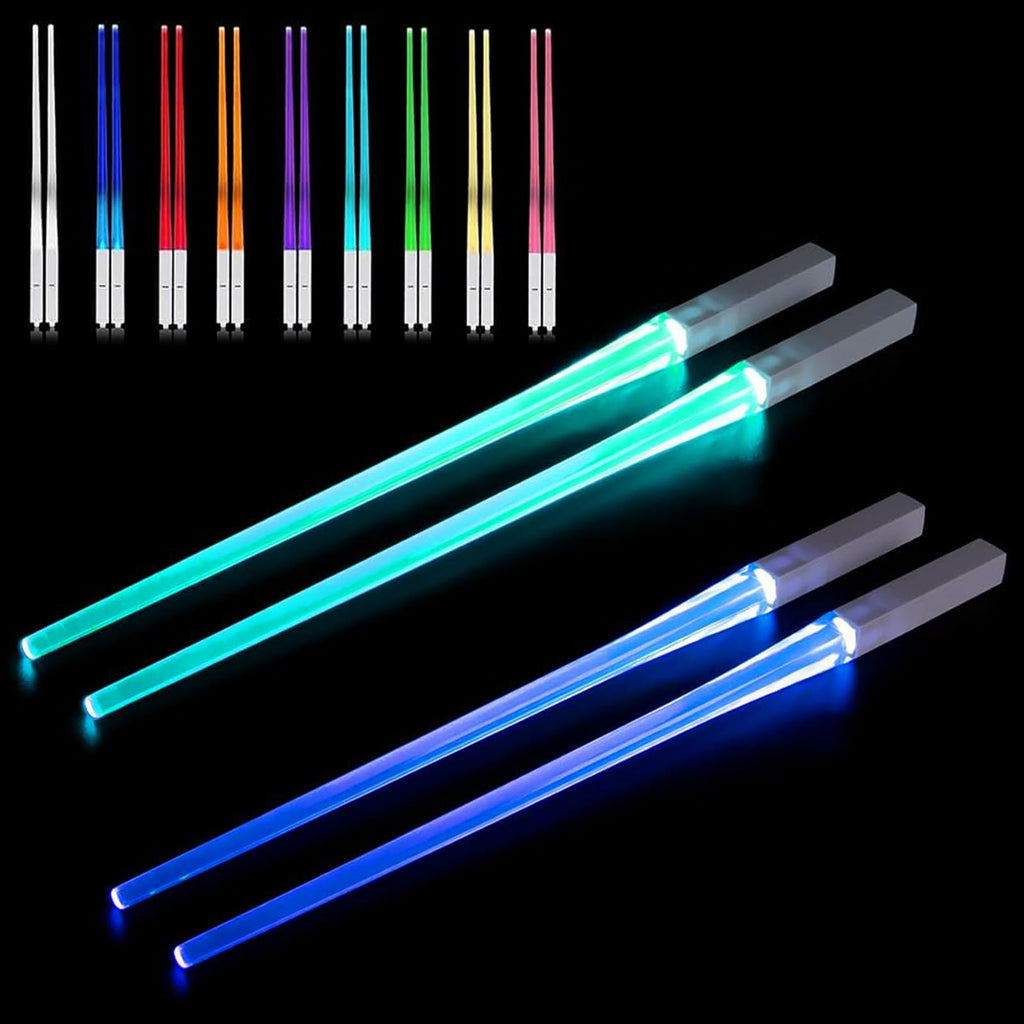 2 Paar Leuchtende Essstäbchen Lichtschwert Essstäbchen Lightsaber Chopsticks mit 9 Farbmodi BPA Frei Waschbare Wiederverwendbar Lebensmittelecht für Dinnerparty Sushi Besteck