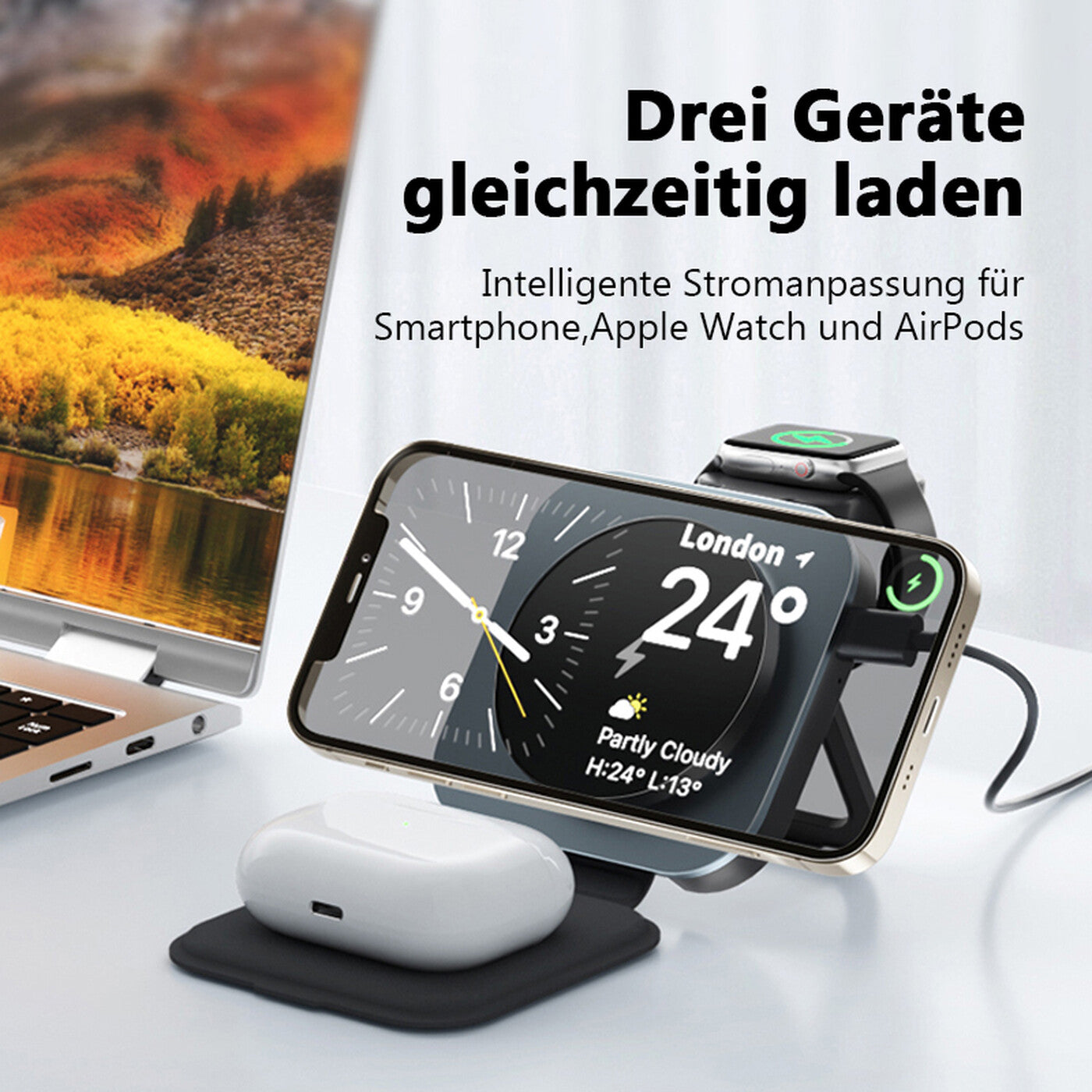 Rexsun 3-in-1 Faltbares Magnetisches Wireless-Ladegerät für MagSafe, Tragbare Schnellladestation für iPhone 16/15/14/13/12 Serie, AirPods Pro/4/3/2 und Apple Watch, T11, Schwarz