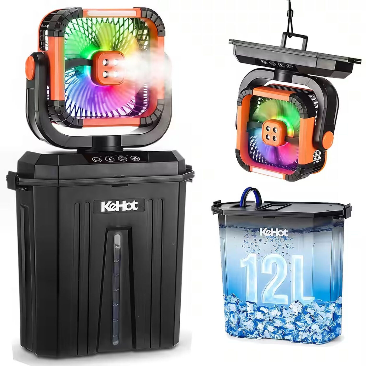 12L Nebel Camping Ventilator mit 10000mAh Akku, 4 Windstufen & 3 Nebelstufen, Dual LED-Beleuchtung mit 3 Helligkeitsstufen, kabellose Fernbedienung, 120° drehbar, abnehmbarer Lüfterkopf mit Tragegriff für Garten, Strand, Angeln und Zelt