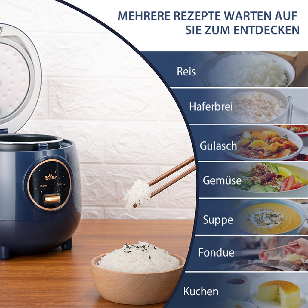 Bear Reiskocher (1,2 l, 200-238W) für 1-2 Personen – mit automatischer Warmhaltefunktion, antihaftbeschichtetem Innentopf und Ein-Knopf-Bedienung