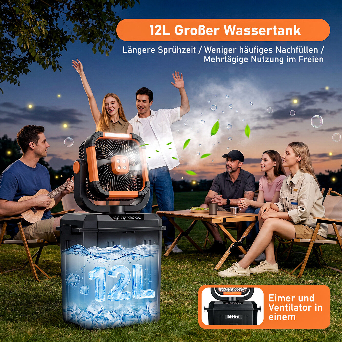 12L Nebel Camping Ventilator mit 10000mAh Akku, 4 Windstufen & 3 Nebelstufen, Dual LED-Beleuchtung mit 3 Helligkeitsstufen, kabellose Fernbedienung, 120° drehbar, abnehmbarer Lüfterkopf mit Tragegriff für Garten, Strand, Angeln und Zelt