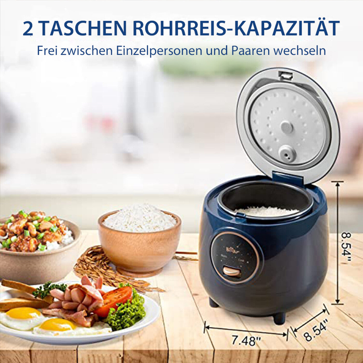 Bear Reiskocher (1,2 l, 200-238W) für 1-2 Personen – mit automatischer Warmhaltefunktion, antihaftbeschichtetem Innentopf und Ein-Knopf-Bedienung