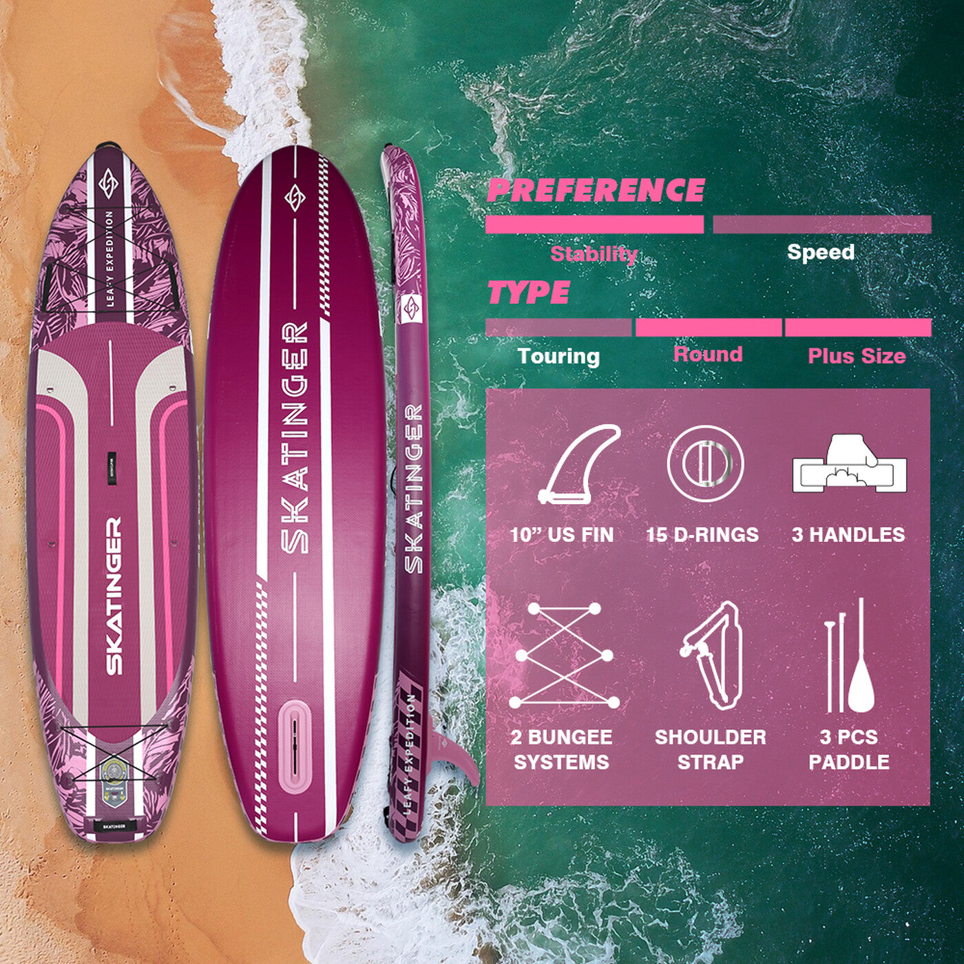 SKATINGER Leafy Expedition pink 11'6"*35"*6"