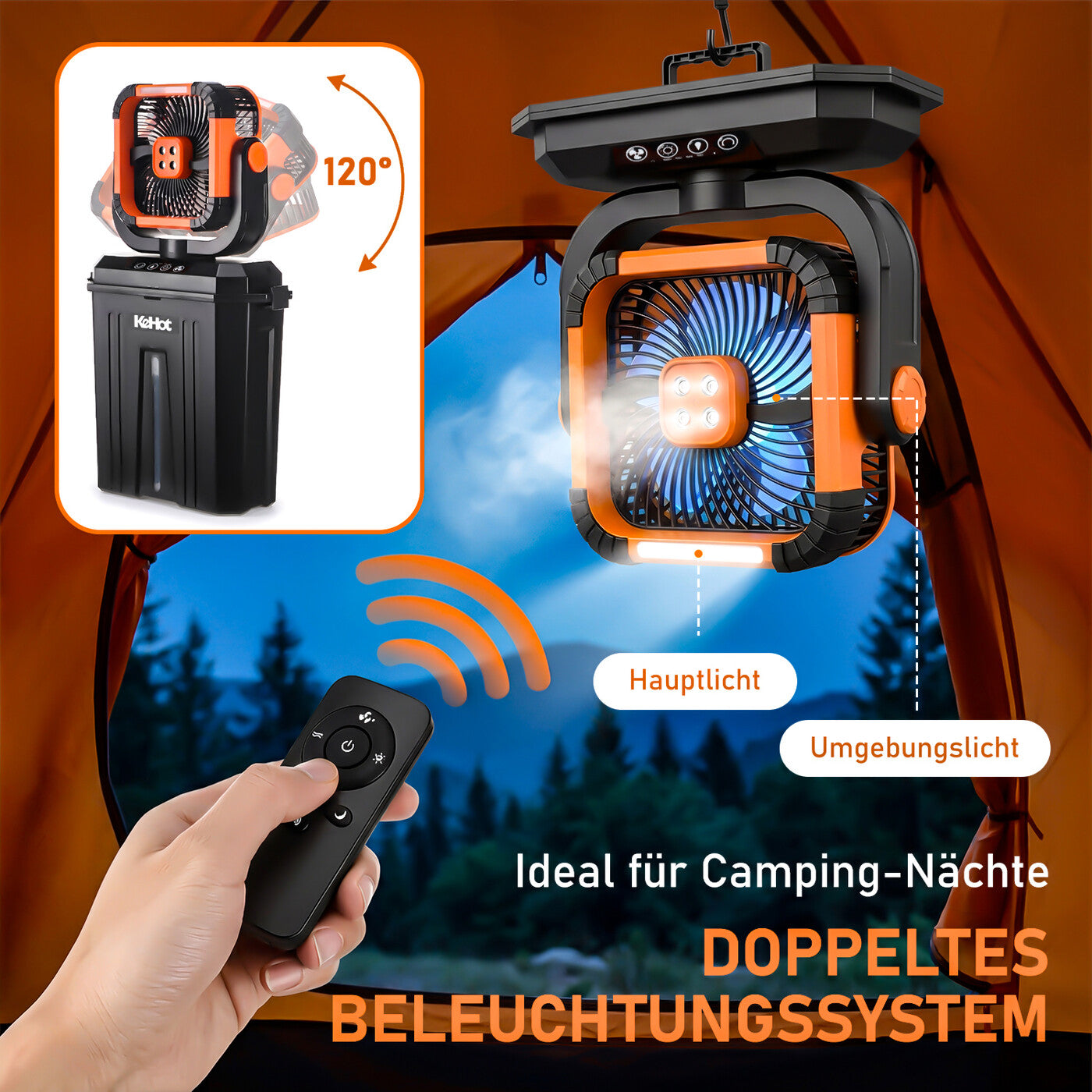 12L Nebel Camping Ventilator mit 10000mAh Akku, 4 Windstufen & 3 Nebelstufen, Dual LED-Beleuchtung mit 3 Helligkeitsstufen, kabellose Fernbedienung, 120° drehbar, abnehmbarer Lüfterkopf mit Tragegriff für Garten, Strand, Angeln und Zelt