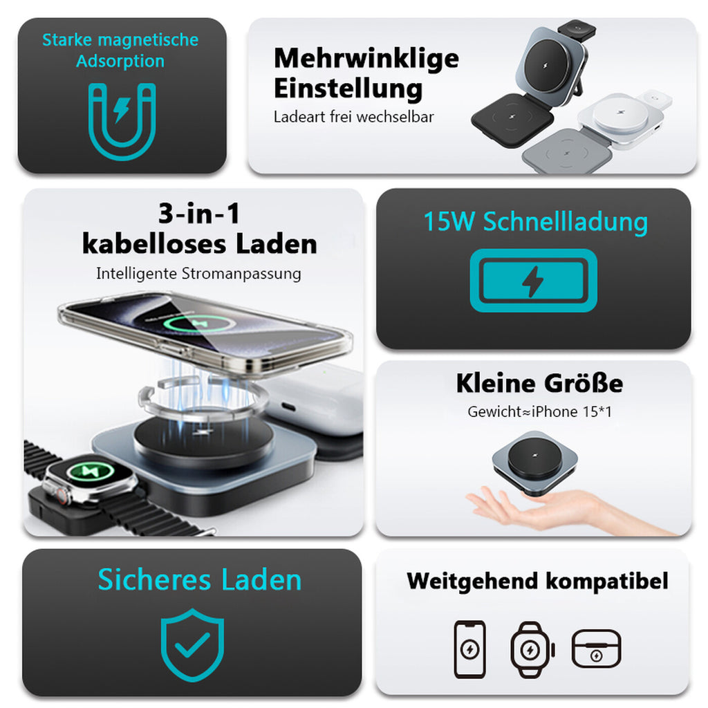 Rexsun 3-in-1 Faltbares Magnetisches Wireless-Ladegerät für MagSafe, Tragbare Schnellladestation für iPhone 16/15/14/13/12 Serie, AirPods Pro/4/3/2 und Apple Watch, T11, Schwarz