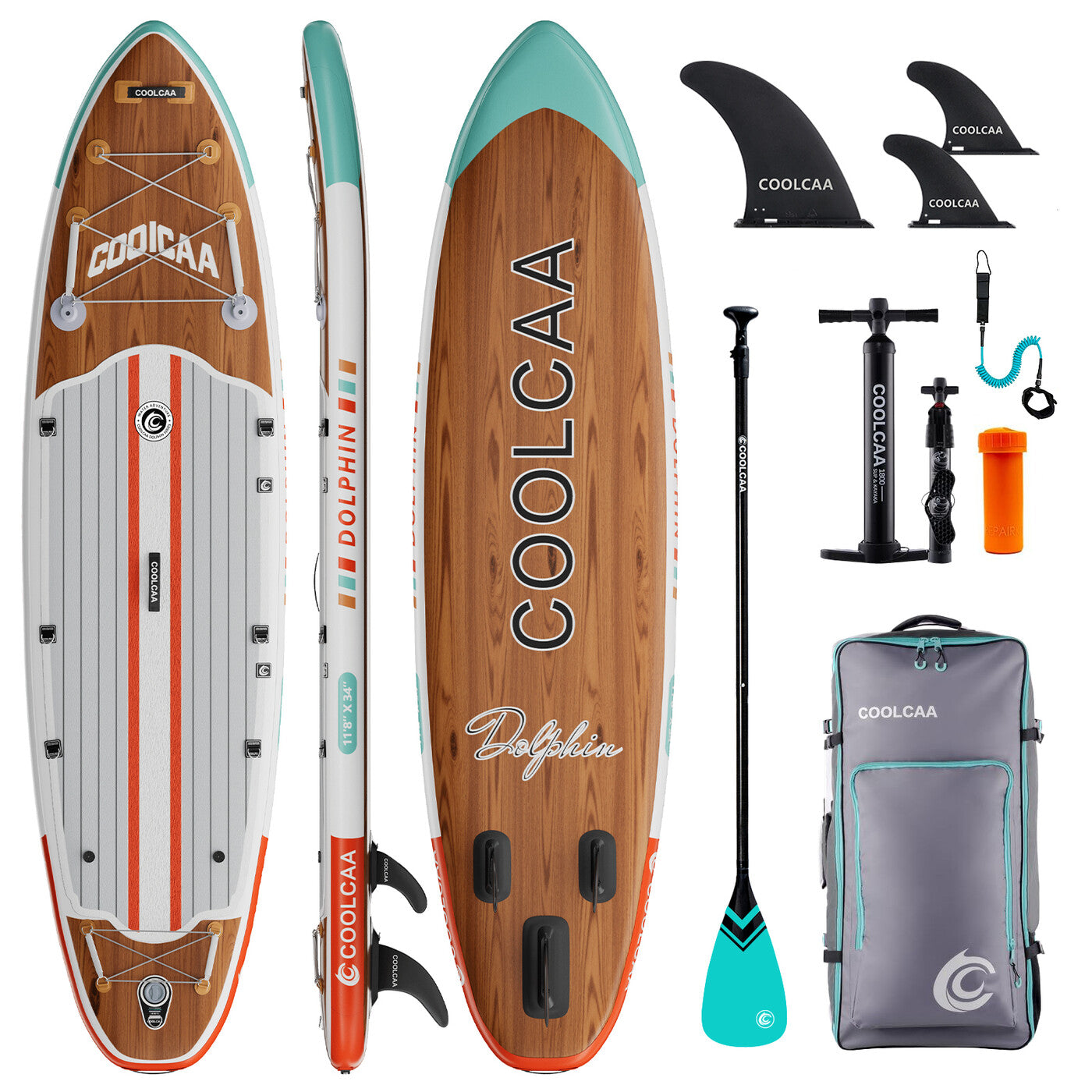 COOLCAA Dolphin Series aufblasbares Stand-Up-Paddle-Board 11'8" Set mit Carbonfaser-Paddel (Holzmaserung)