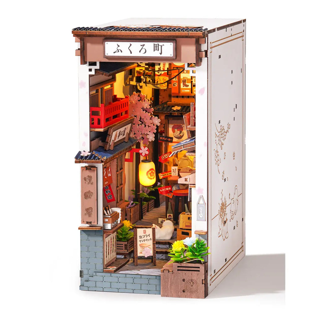 Robotime Rolife DIY Miniatur-Buchstützen-Haus-Bausatz – 3D-Holzpuzzle-Bücherecke mit LED-Leuchten, Bücherregal-Heimdekoration