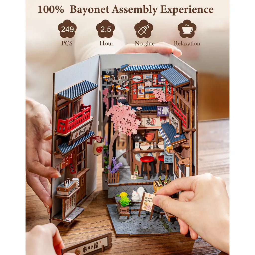 Robotime Rolife DIY Miniatur-Buchstützen-Haus-Bausatz – 3D-Holzpuzzle-Bücherecke mit LED-Leuchten, Bücherregal-Heimdekoration
