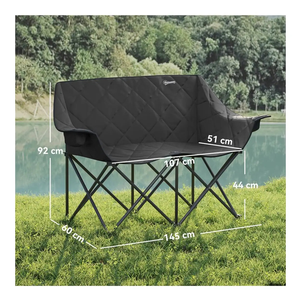 Outsunny Faltstuhl faltbar 2 Sitzer Campingstuhl mit Kühltaschen Tragetasche Outdoor Klappstuhl bis 250kg belastbar robust leicht gepolstert Angelstuhl Gartenstuhl für Garten Camping Strand