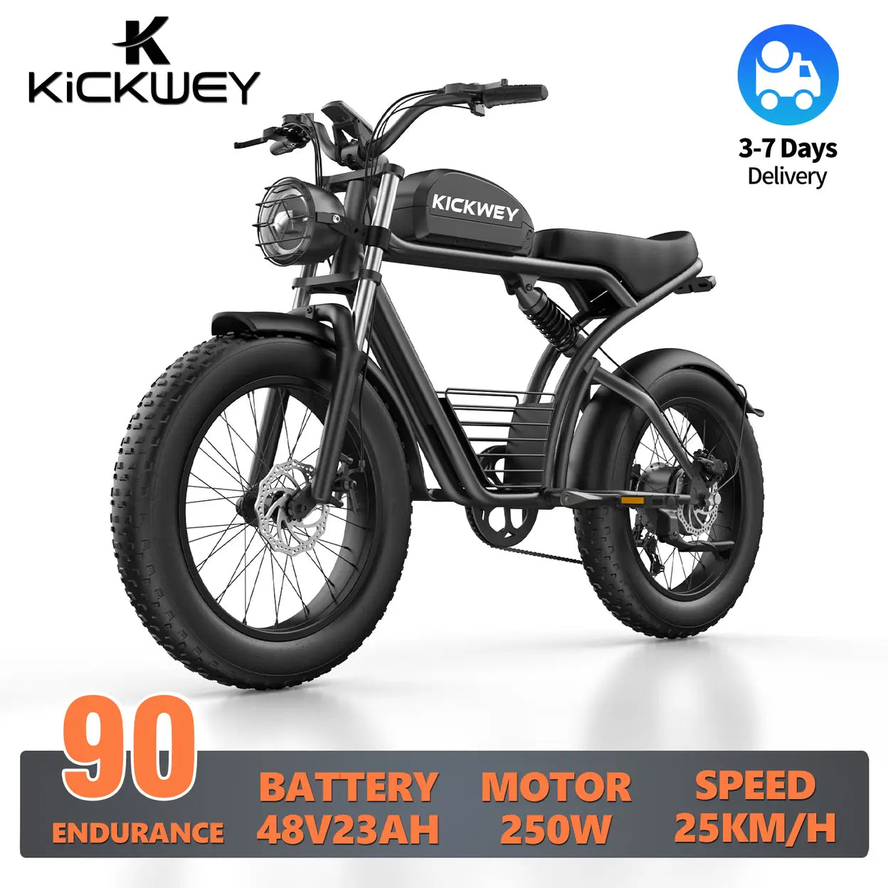 KICKWEY K7 E-Bike für Erwachsene, 250 W Motor, 48 V 23 Ah Akku, 20 Zoll Fat Tires, Herren, All-Terrain Elektrofahrrad