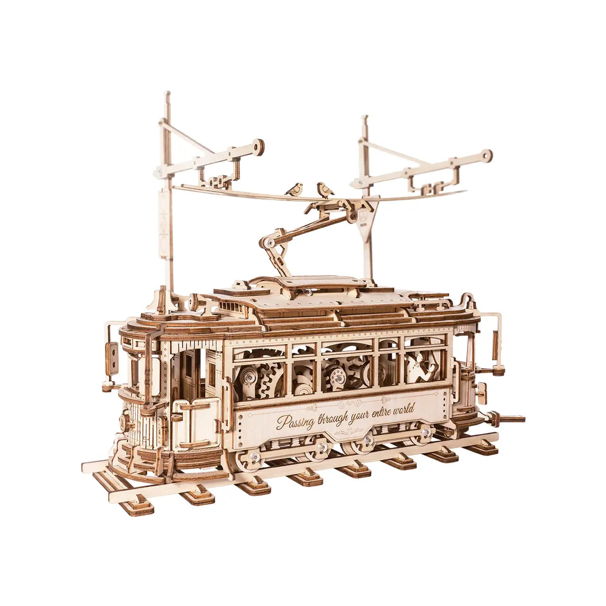 ROKR 3D Holzpuzzle für Erwachsene - DIY Getriebebetriebenes Straßenbahn-Modellbausatz, Maschinenbau-Bausatz, Handkurbelbare Straßenbahn, Spannendes MINT-Projekt, Kreatives Geschenk für Erwachsene