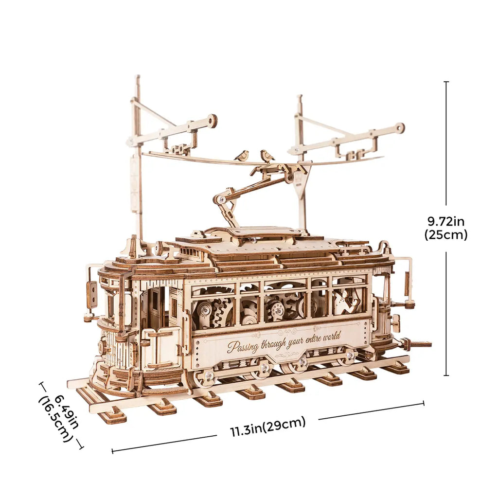 ROKR 3D Holzpuzzle für Erwachsene - DIY Getriebebetriebenes Straßenbahn-Modellbausatz, Maschinenbau-Bausatz, Handkurbelbare Straßenbahn, Spannendes MINT-Projekt, Kreatives Geschenk für Erwachsene