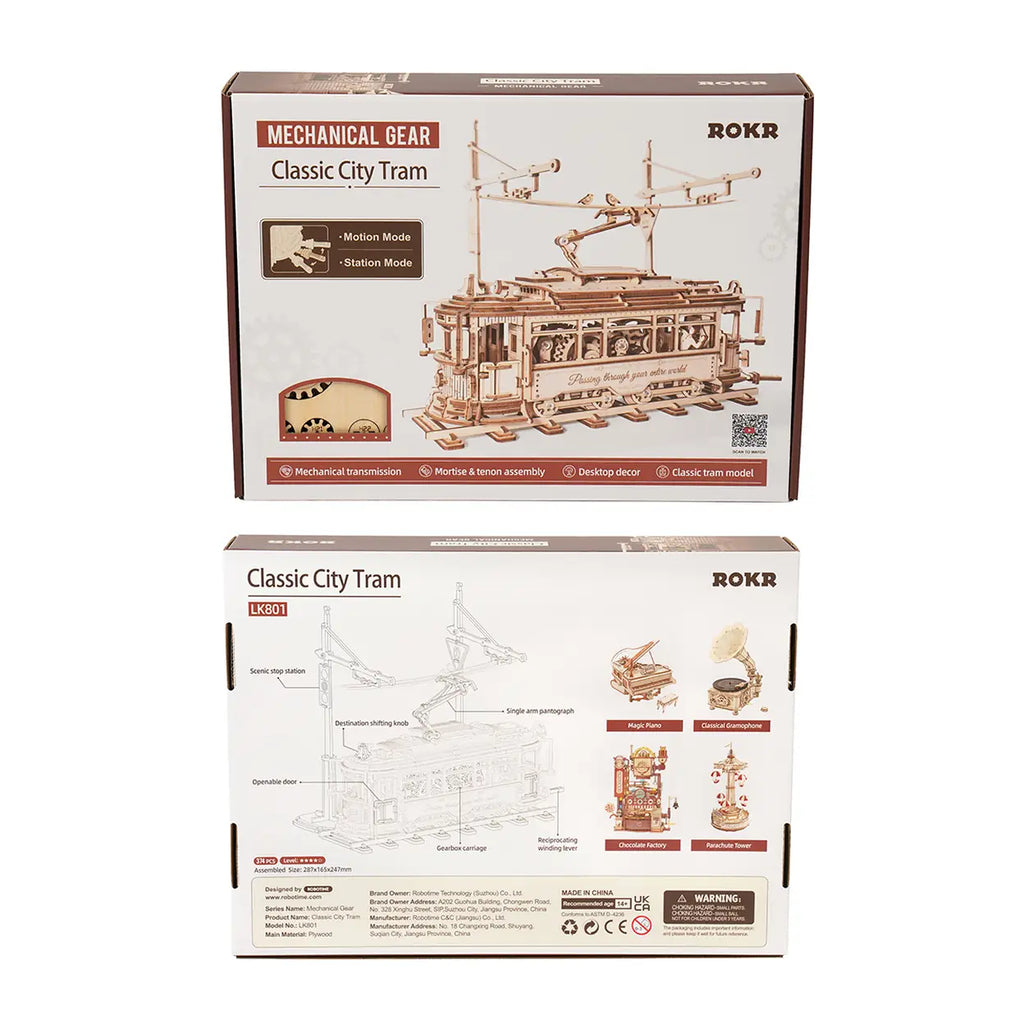 ROKR 3D Holzpuzzle für Erwachsene - DIY Getriebebetriebenes Straßenbahn-Modellbausatz, Maschinenbau-Bausatz, Handkurbelbare Straßenbahn, Spannendes MINT-Projekt, Kreatives Geschenk für Erwachsene