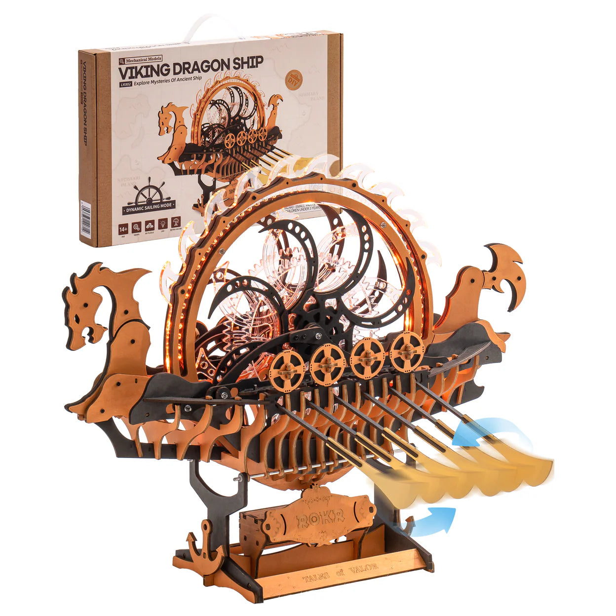 ROKR 3D Holzpuzzle für Erwachsene - DIY Modellbausatz eines Wikingerdrachenschiffs, Mechanisches dynamisches Boot mit LED, Bewegliche Zahnräder und Segel, Coole Dekoration, Einzigartiges Geschenk für Männer und Frauen