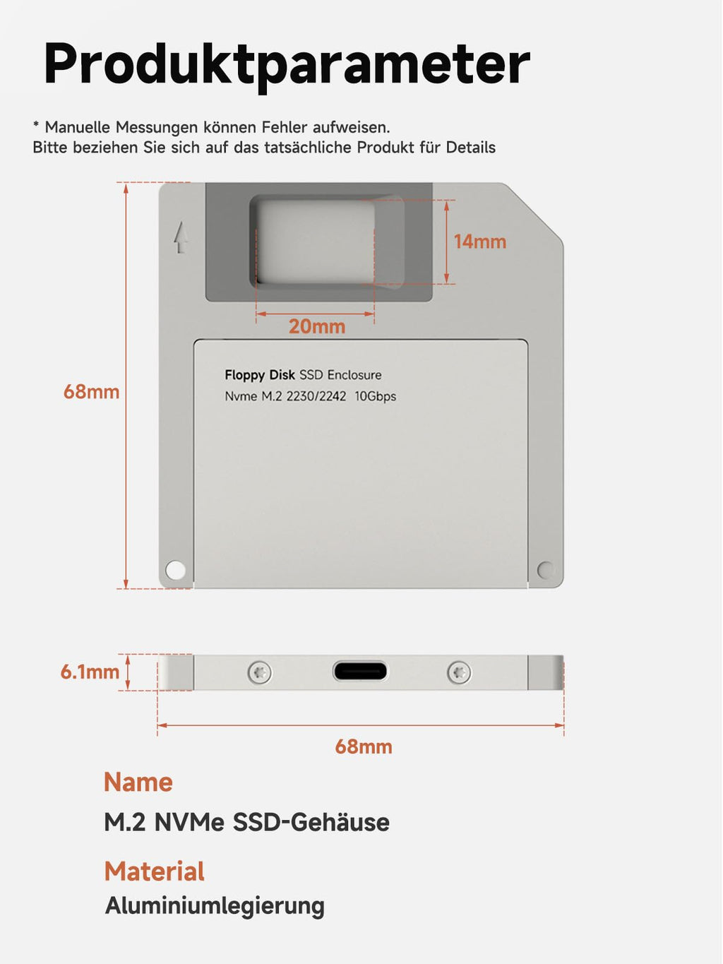 Hagibis m2 ssd gehäuse im Floppy-Design, USB 3.2 Gen2 10 Gbit/s NVMe PCIe M.2 2230/2242 externes Festplattengehäuse für MacBook, Laptop, iPad, Android, ssd iPhone 17 16 15 Pro Max(Grau)