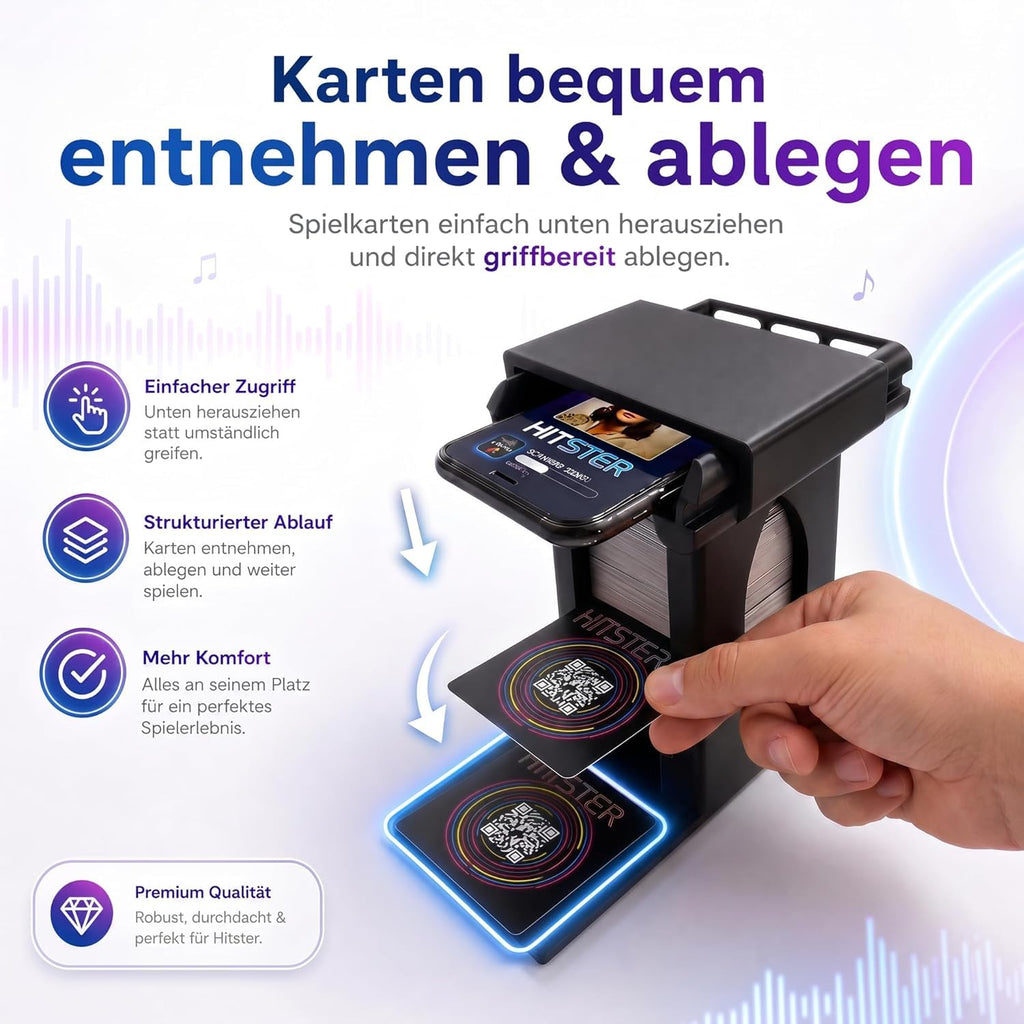 R-Satz Shop Handyhalterung Turm passend für Hitster – Smartphone Ständer mit Kartenfach – stabil & rutschfest für QR-Code Scan – Zubehör kompatibel mit Hitster Original & Party