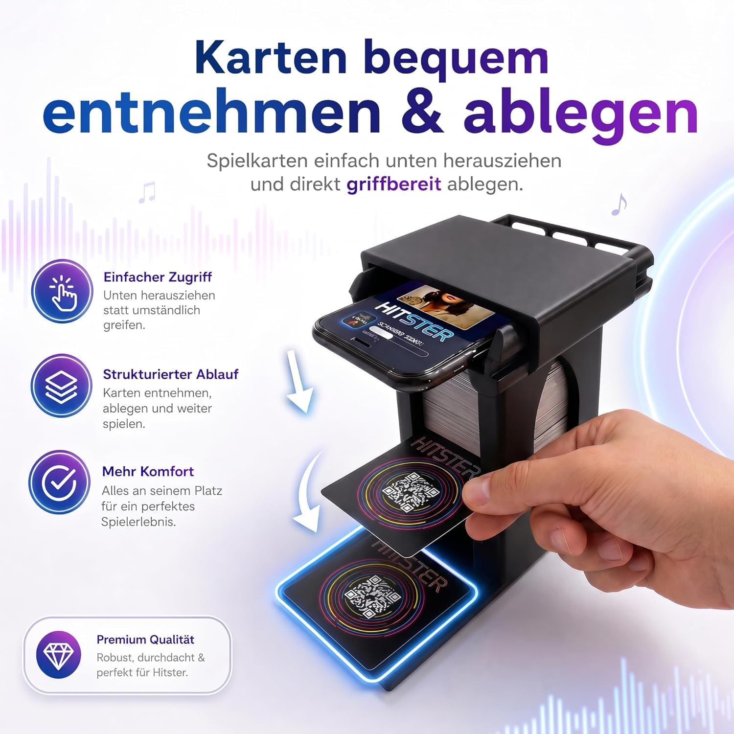 R-Satz Shop Handyhalterung Turm passend für Hitster – Smartphone Ständer mit Kartenfach – stabil & rutschfest für QR-Code Scan – Zubehör kompatibel mit Hitster Original & Party