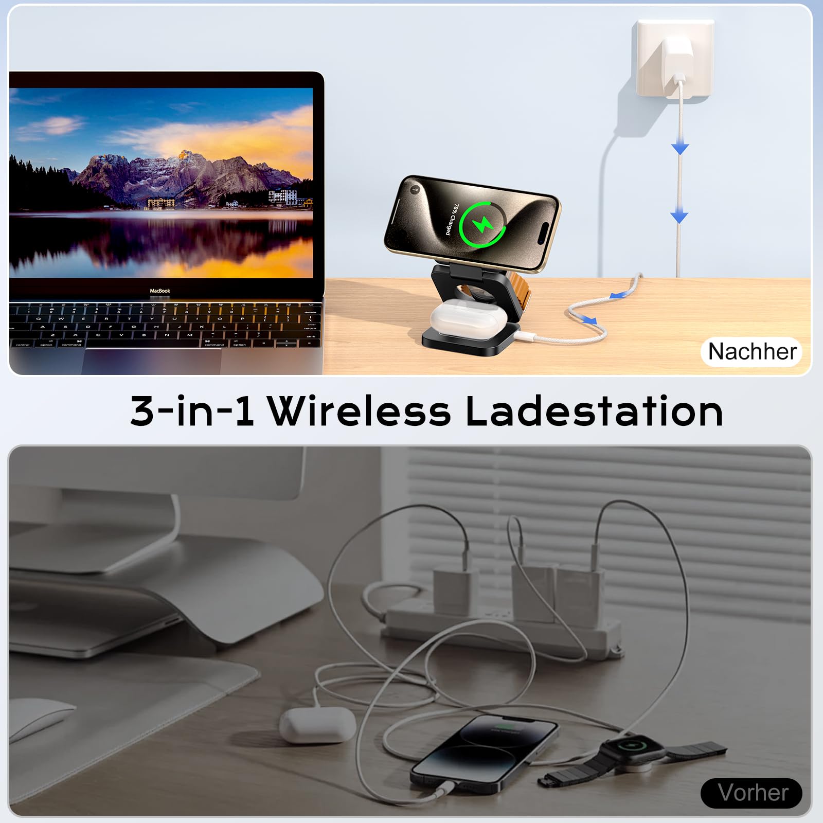 Induktive Ladestation Kompatibel mit Magsafe Ladegerät,3-in-1 Ladestation