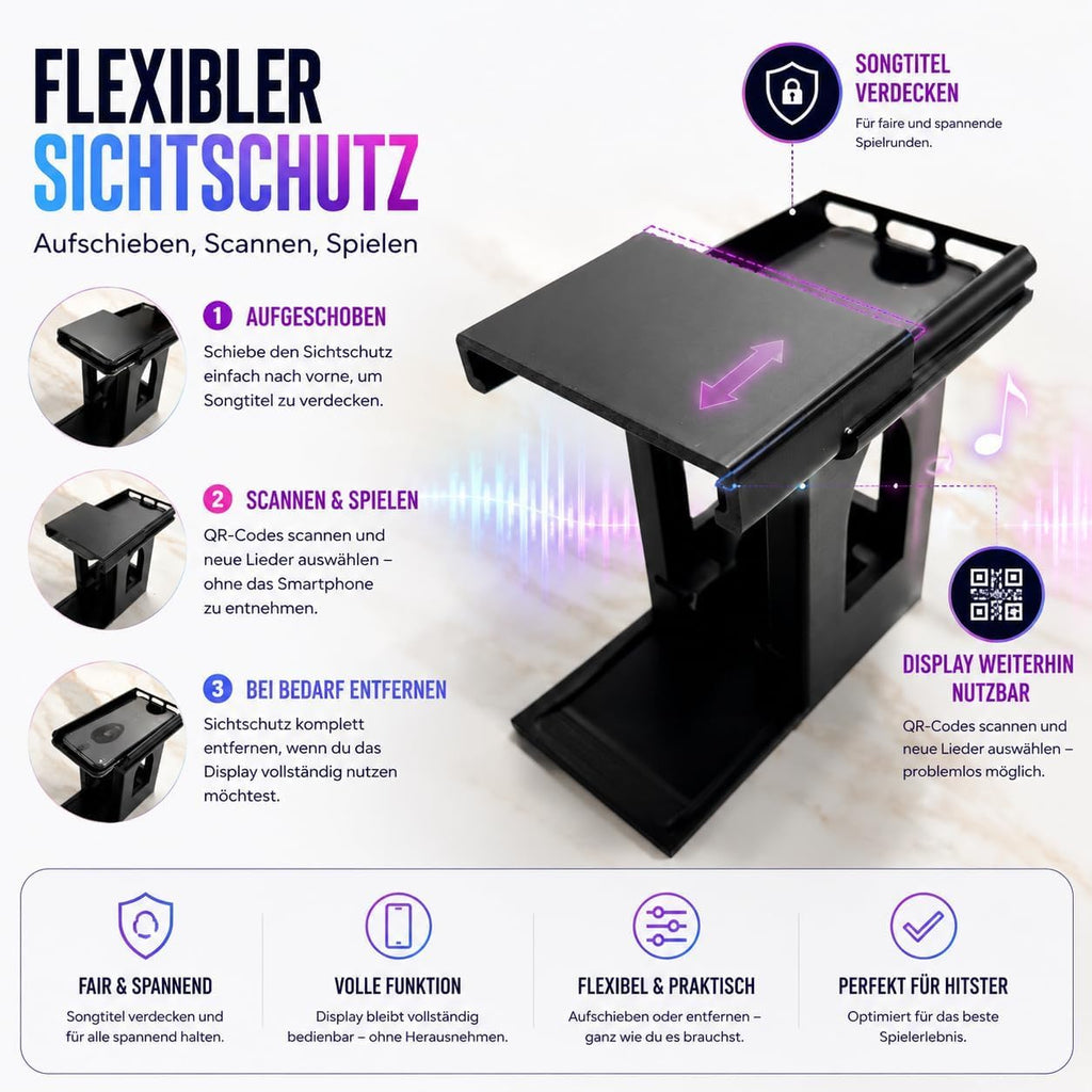 R-Satz Shop Handyhalterung Turm passend für Hitster – Smartphone Ständer mit Kartenfach – stabil & rutschfest für QR-Code Scan – Zubehör kompatibel mit Hitster Original & Party