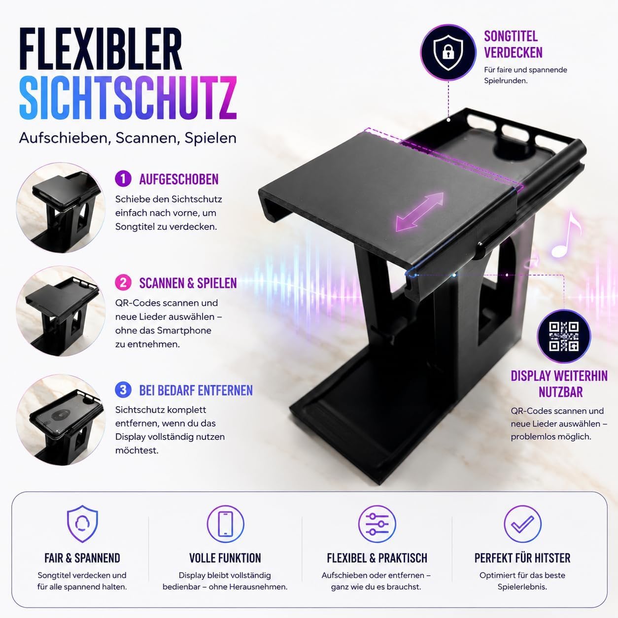 R-Satz Shop Handyhalterung Turm passend für Hitster – Smartphone Ständer mit Kartenfach – stabil & rutschfest für QR-Code Scan – Zubehör kompatibel mit Hitster Original & Party