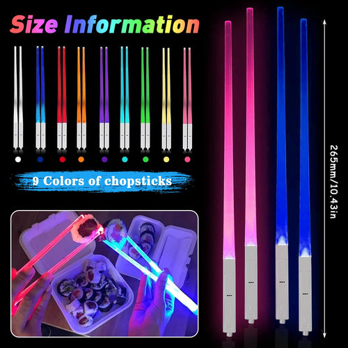 2 Paar Leuchtende Essstäbchen Lichtschwert Essstäbchen Lightsaber Chopsticks mit 9 Farbmodi BPA Frei Waschbare Wiederverwendbar Lebensmittelecht für Dinnerparty Sushi Besteck