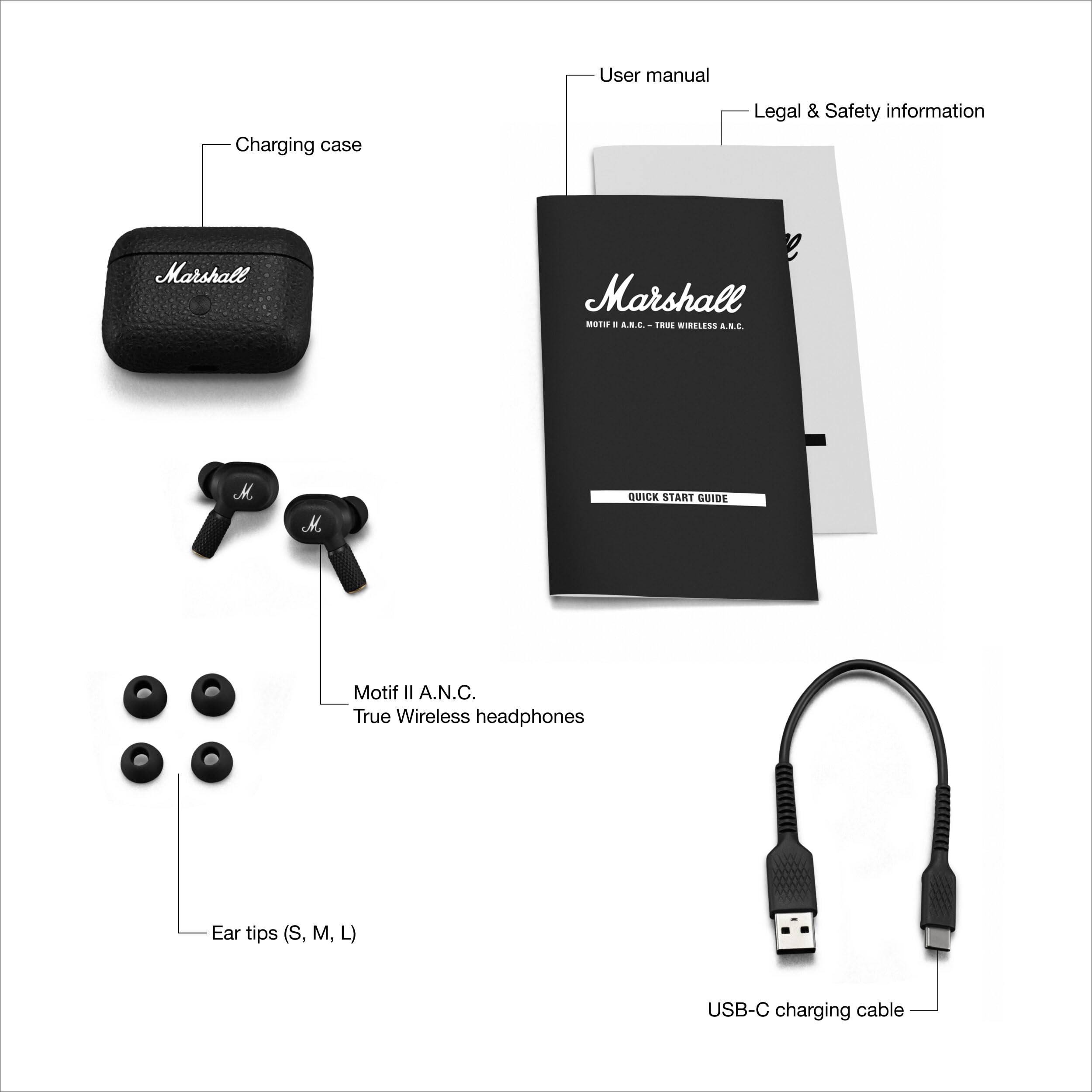 Marshall Motif II ANC – True Wireless Active Noise Cancelling Bluetooth-Kopfhörer, Ohrhörer, 30 Stunden Spielzeit – Schwarz