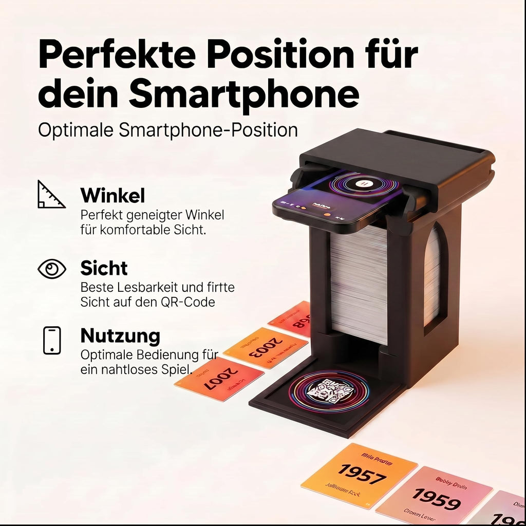 R-Satz Shop Handyhalterung Turm passend für Hitster – Smartphone Ständer mit Kartenfach – stabil & rutschfest für QR-Code Scan – Zubehör kompatibel mit Hitster Original & Party