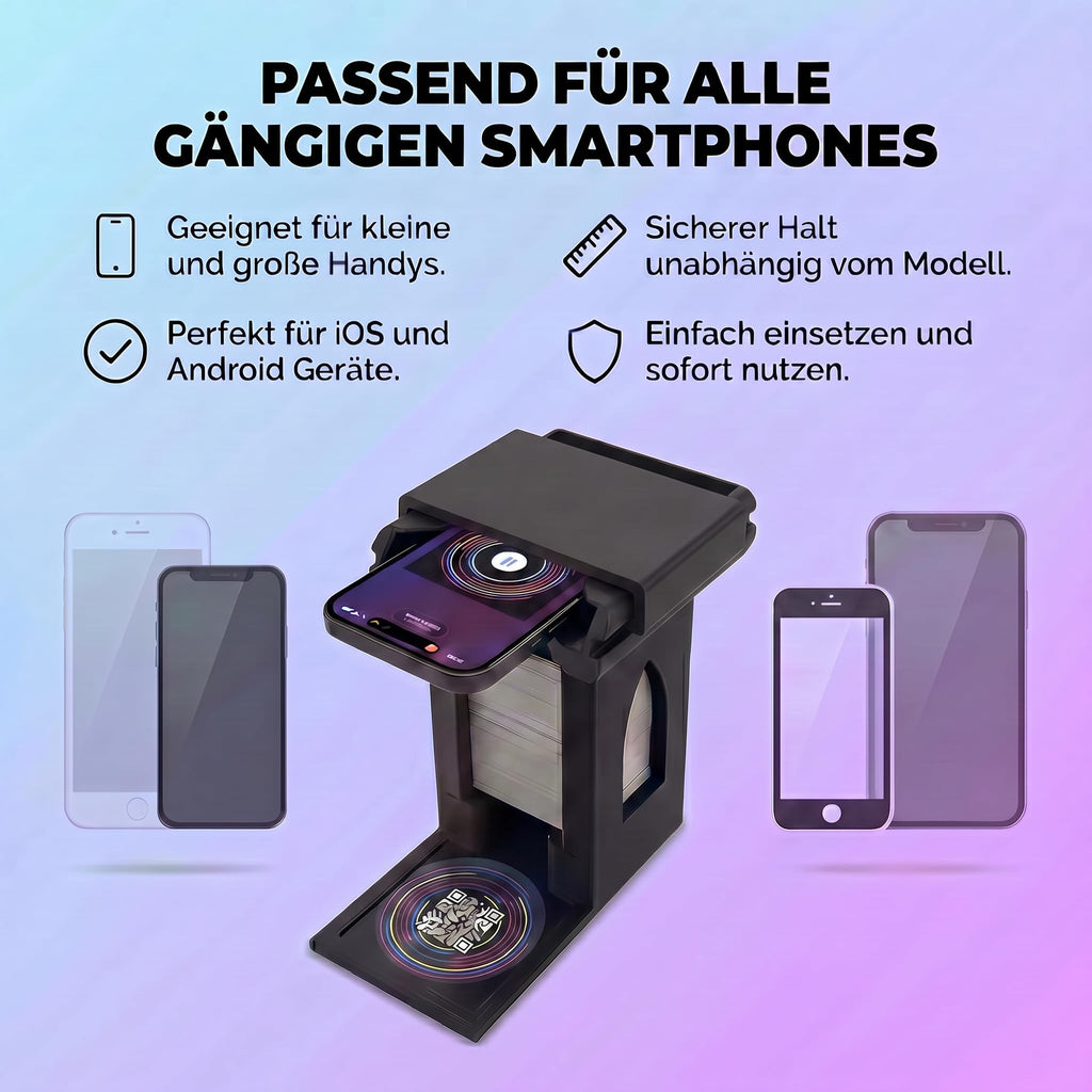 R-Satz Shop Handyhalterung Turm passend für Hitster – Smartphone Ständer mit Kartenfach – stabil & rutschfest für QR-Code Scan – Zubehör kompatibel mit Hitster Original & Party