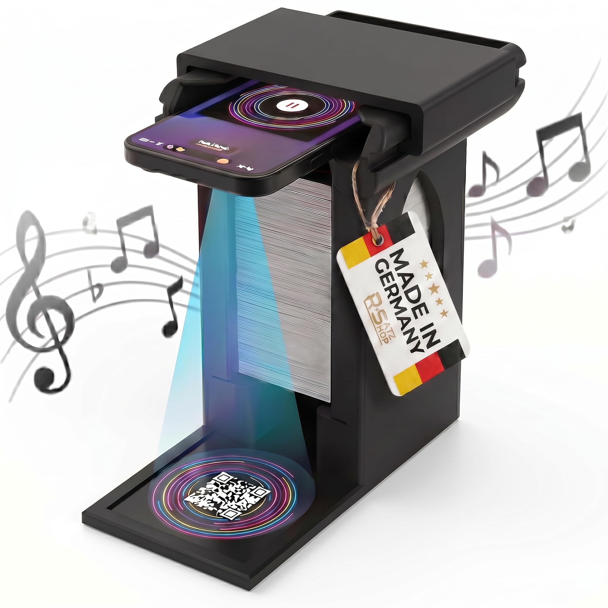 R-Satz Shop Handyhalterung Turm passend für Hitster – Smartphone Ständer mit Kartenfach – stabil & rutschfest für QR-Code Scan – Zubehör kompatibel mit Hitster Original & Party