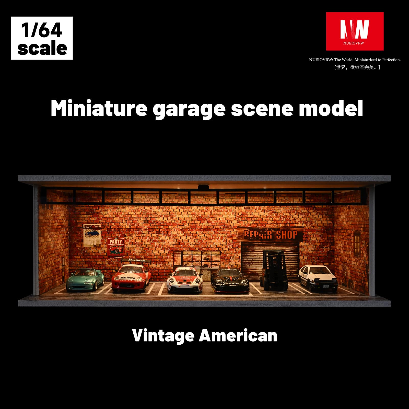 Miniatur-Metall-Autogarage für Diorama, Parkbühne mit LED-Beleuchtung 1/64