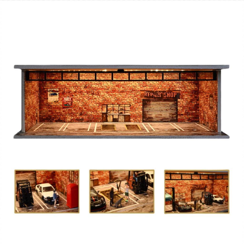 Miniatur-Metall-Autogarage für Diorama, Parkbühne mit LED-Beleuchtung 1/64