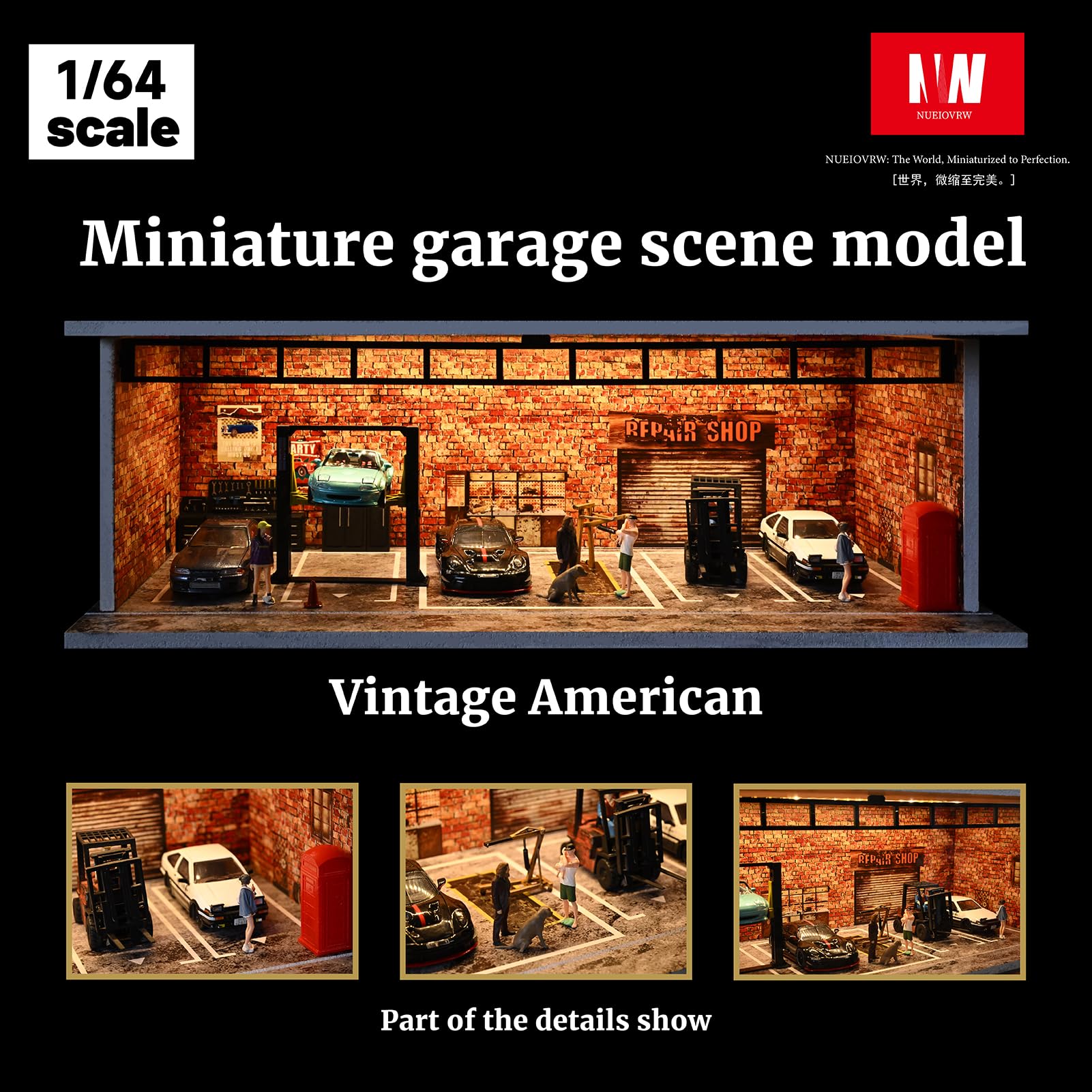 Miniatur-Metall-Autogarage für Diorama, Parkbühne mit LED-Beleuchtung 1/64