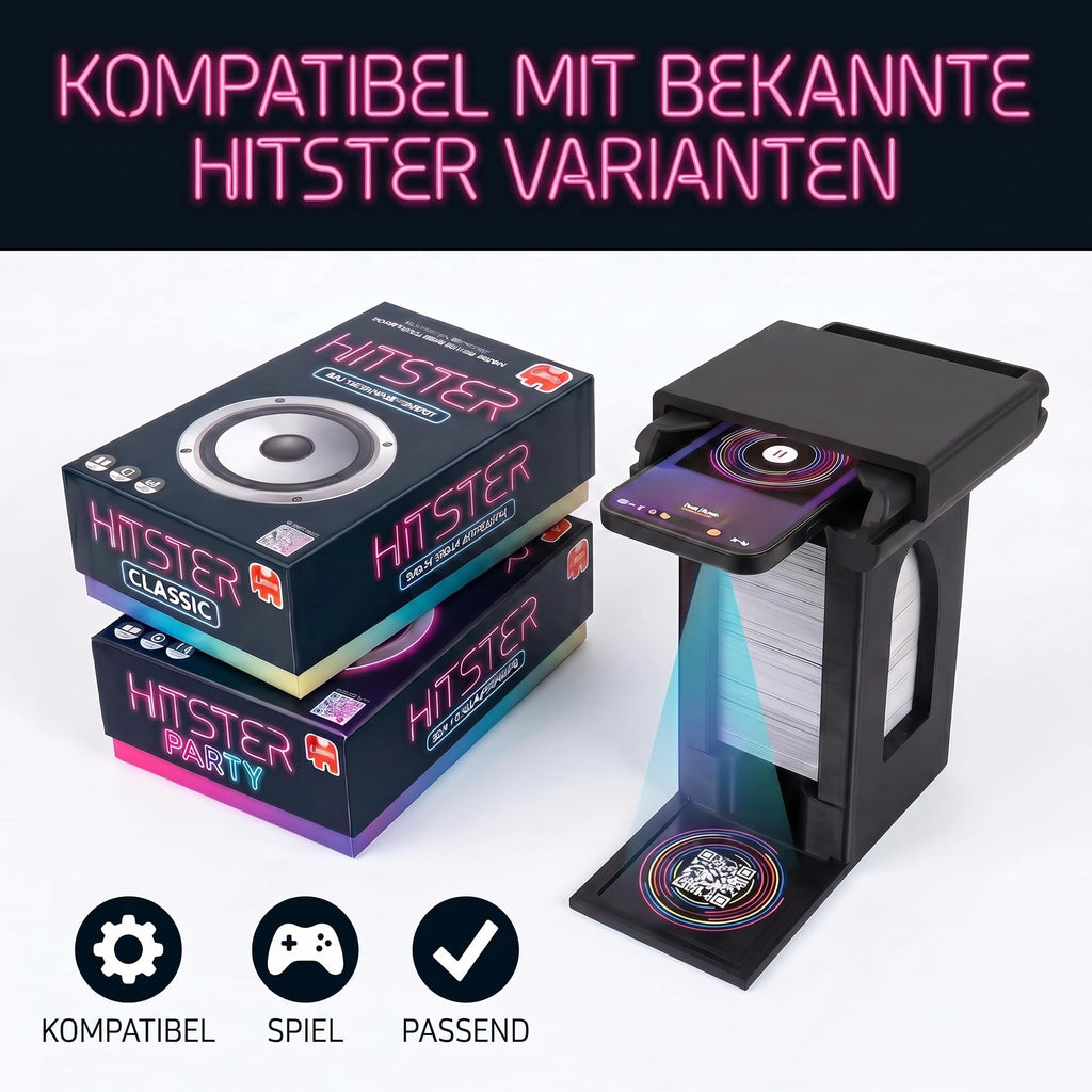 R-Satz Shop Handyhalterung Turm passend für Hitster – Smartphone Ständer mit Kartenfach – stabil & rutschfest für QR-Code Scan – Zubehör kompatibel mit Hitster Original & Party