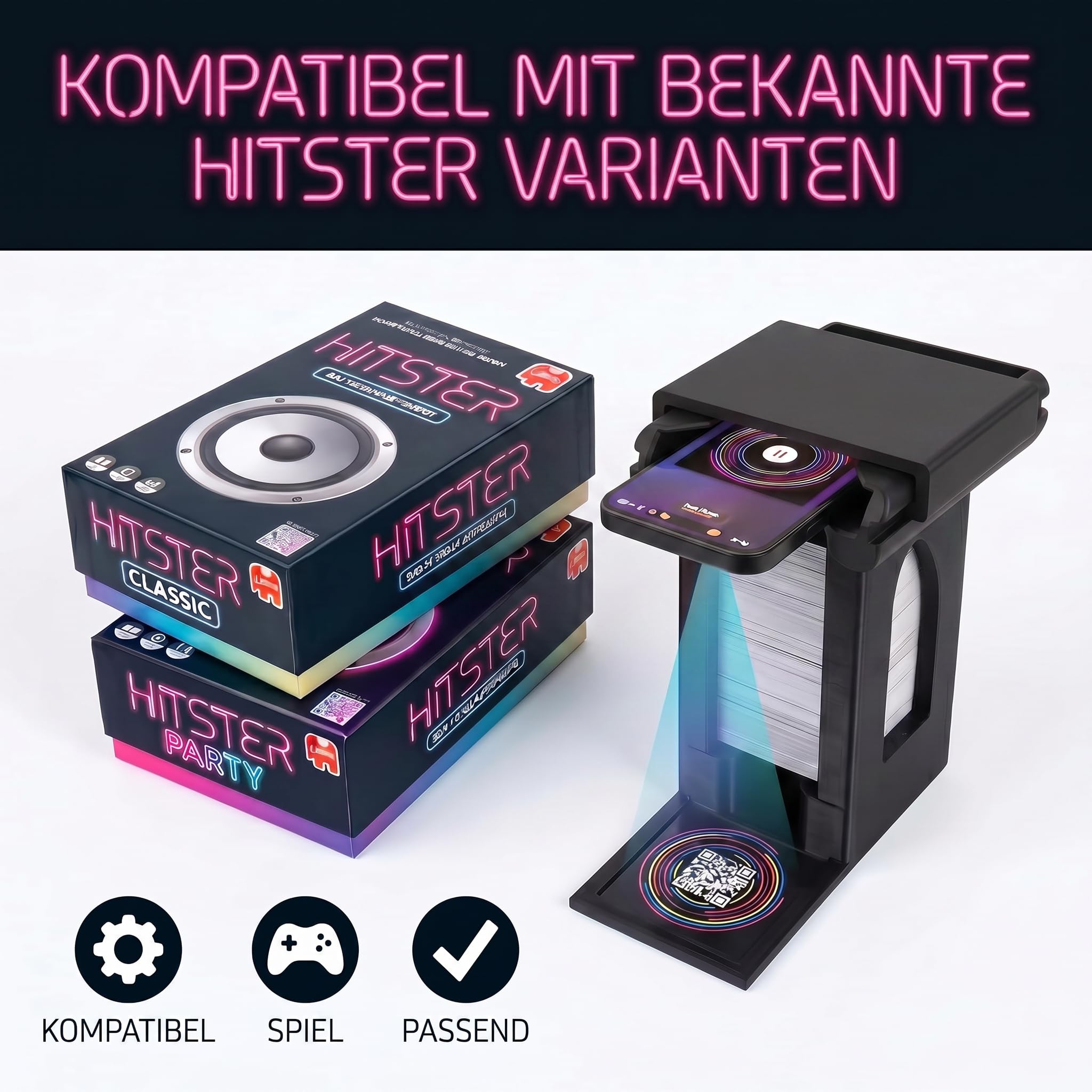 R-Satz Shop Handyhalterung Turm passend für Hitster – Smartphone Ständer mit Kartenfach – stabil & rutschfest für QR-Code Scan – Zubehör kompatibel mit Hitster Original & Party