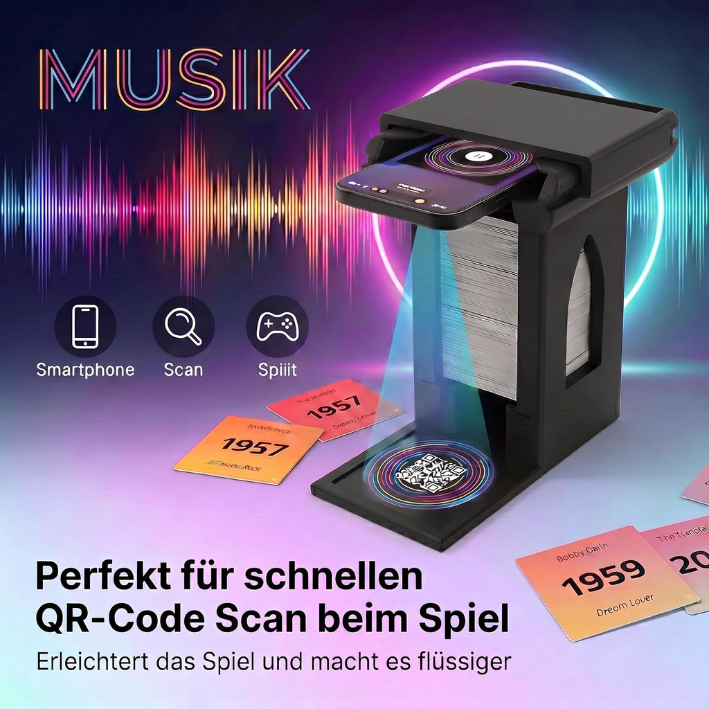 R-Satz Shop Handyhalterung Turm passend für Hitster – Smartphone Ständer mit Kartenfach – stabil & rutschfest für QR-Code Scan – Zubehör kompatibel mit Hitster Original & Party