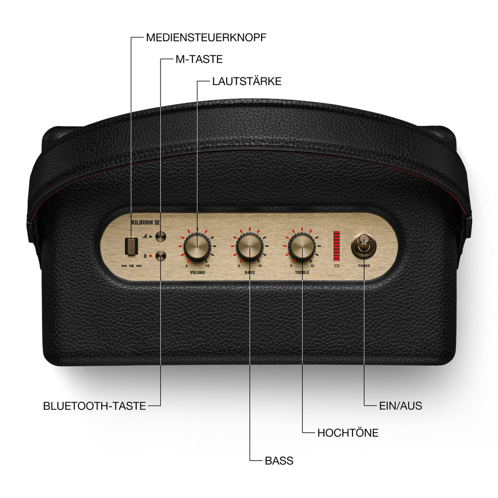 Marshall Kilburn III Tragbarer Bluetooth Lautsprecher mit über 50 Stunden Spieldauer - Schwarz und Messing