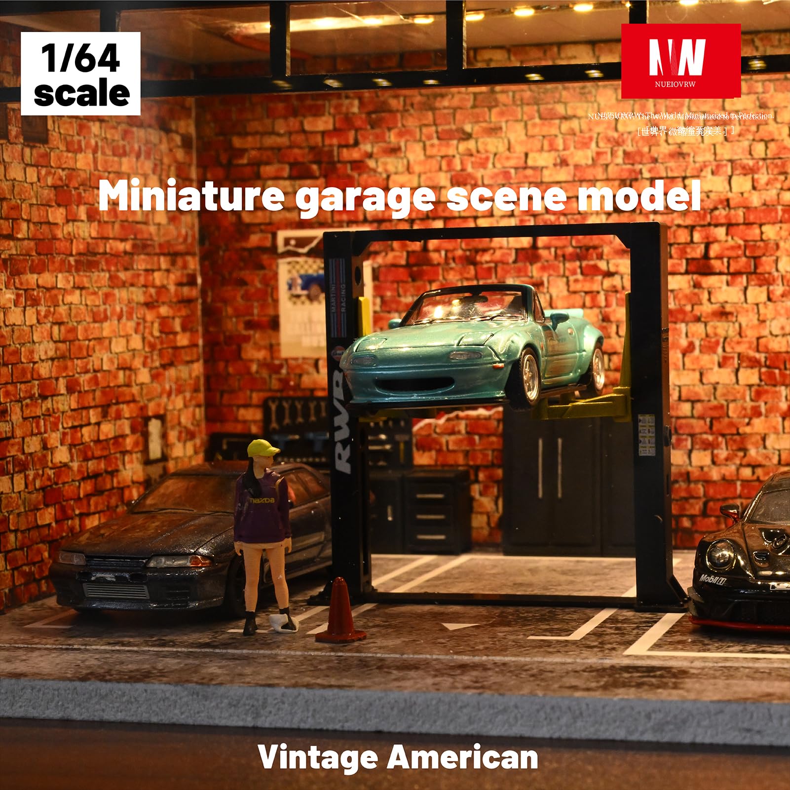 Miniatur-Metall-Autogarage für Diorama, Parkbühne mit LED-Beleuchtung 1/64