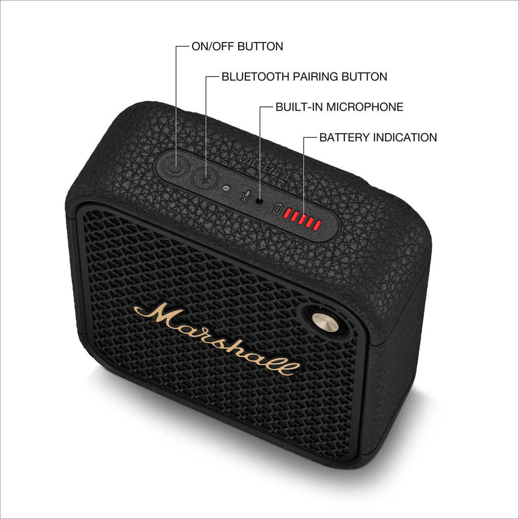 Marshall Willen II Bluetooth-Lautsprecher, kabellos, über 17+ Stunden Spielzeit, wasserdicht nach IP67 – Schwarz und Messing