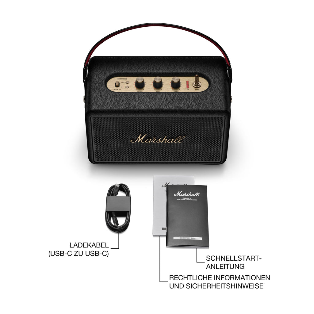 Marshall Kilburn III Tragbarer Bluetooth Lautsprecher mit über 50 Stunden Spieldauer - Schwarz und Messing