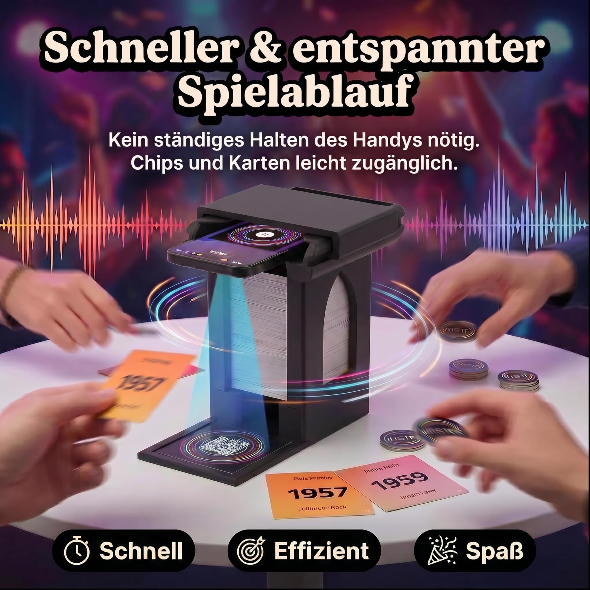 R-Satz Shop Handyhalterung Turm passend für Hitster – Smartphone Ständer mit Kartenfach – stabil & rutschfest für QR-Code Scan – Zubehör kompatibel mit Hitster Original & Party