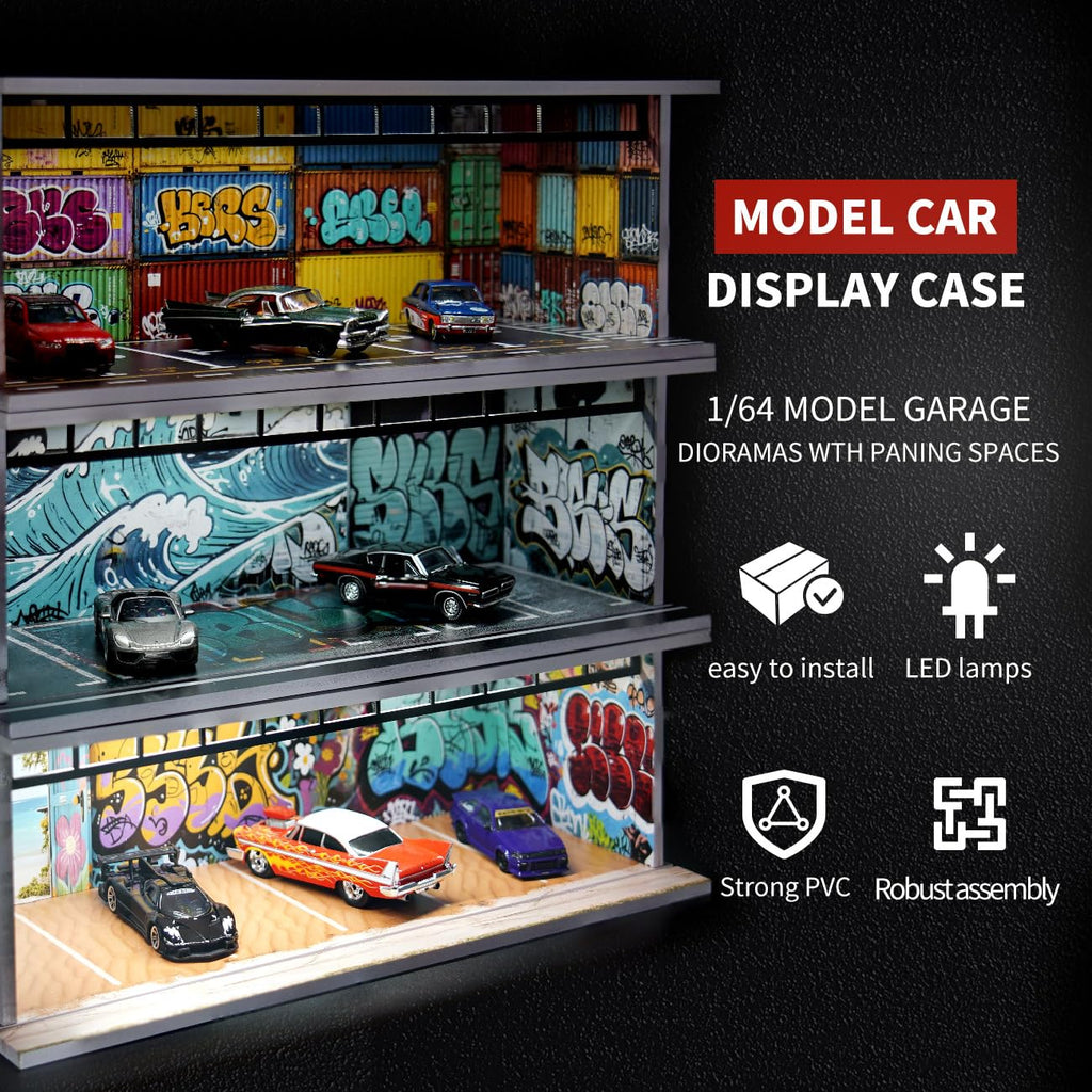 Display Case für Hot Wheels, Diorama 1/64 Skala Auto Garage Modell mit LED-Lichtern