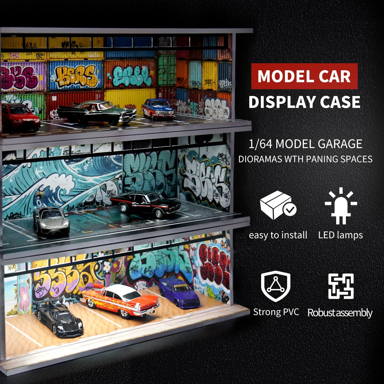 Display Case für Hot Wheels, Diorama 1/64 Skala Auto Garage Modell mit LED-Lichtern