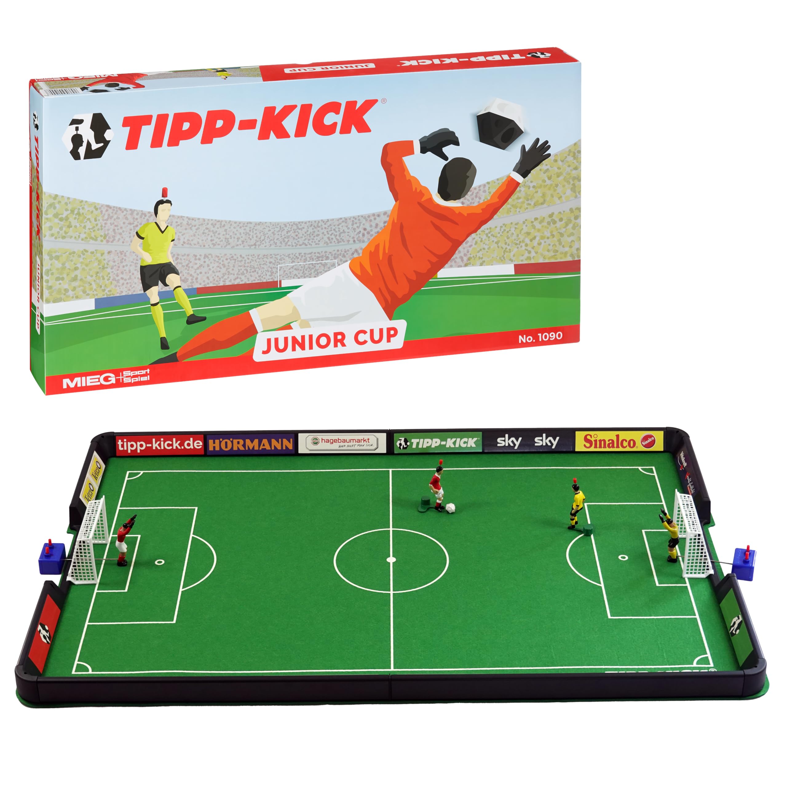 TIPP-KICK Spiel Junior Cup Tischfußball-Set mit Bande - Fußball-Spiel für Einsteiger mit Spielern, Torwarten, Plastik-Toren, Bällen und Spielfeld aus Filz, handbemalte Figuren, Geschenkidee für Fans